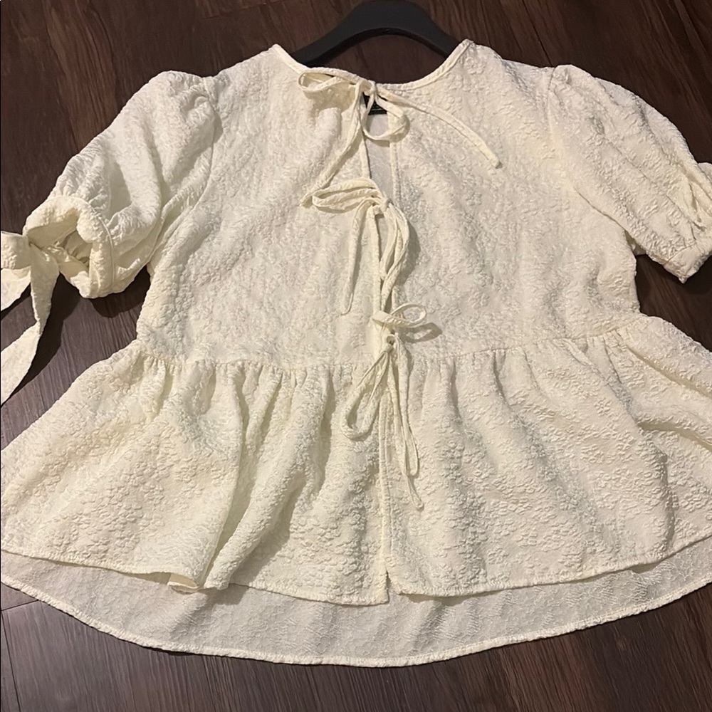 SHEIN Cream Tie Front Peplum Blouse